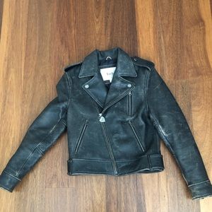 Distressed leather motorcycle jacket